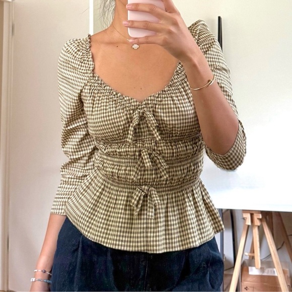 NWT Reformation Lauryn Checkered Quarter Sleeve Bow Top Brown 8 - Picture 4 of 17